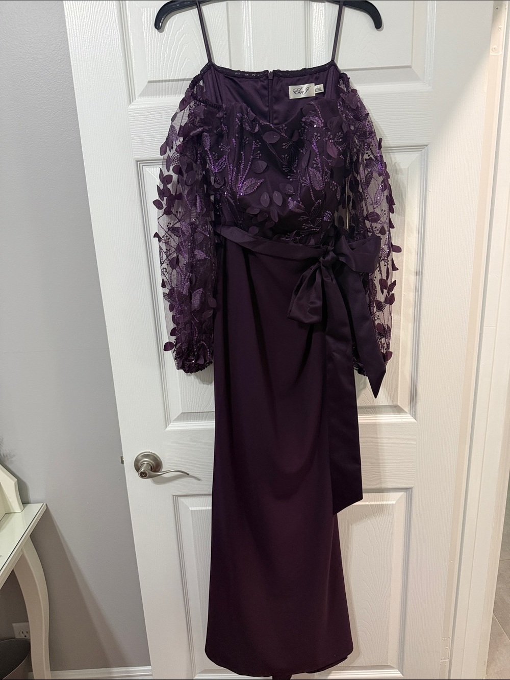 Eliza J Embroidered Lace Sleeve Plum color  Evening Dress NWT